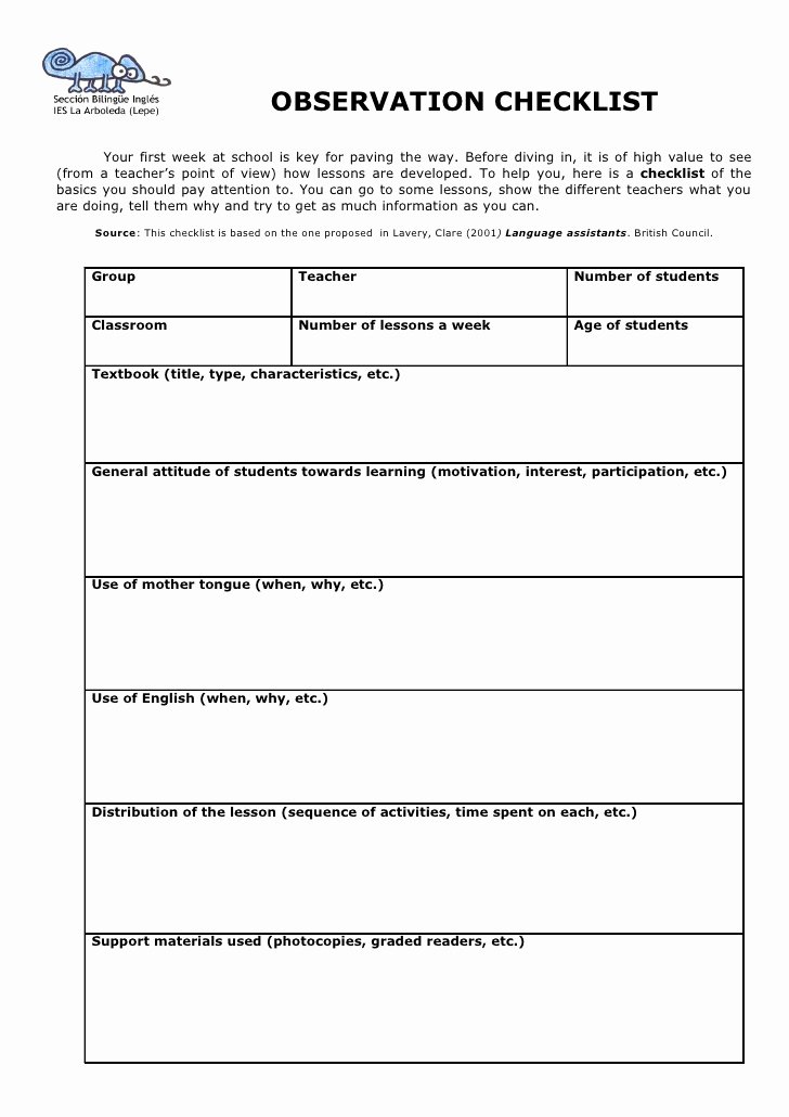Student Observation form Template New Observation Checklist