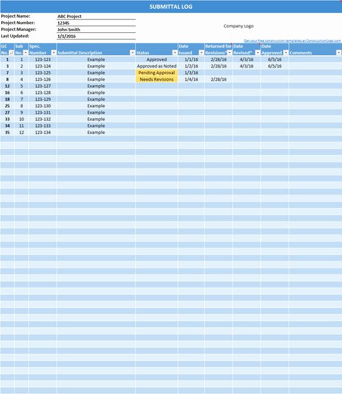 Submittal Schedule Template Excel Awesome Submittal Log Template Excel Download