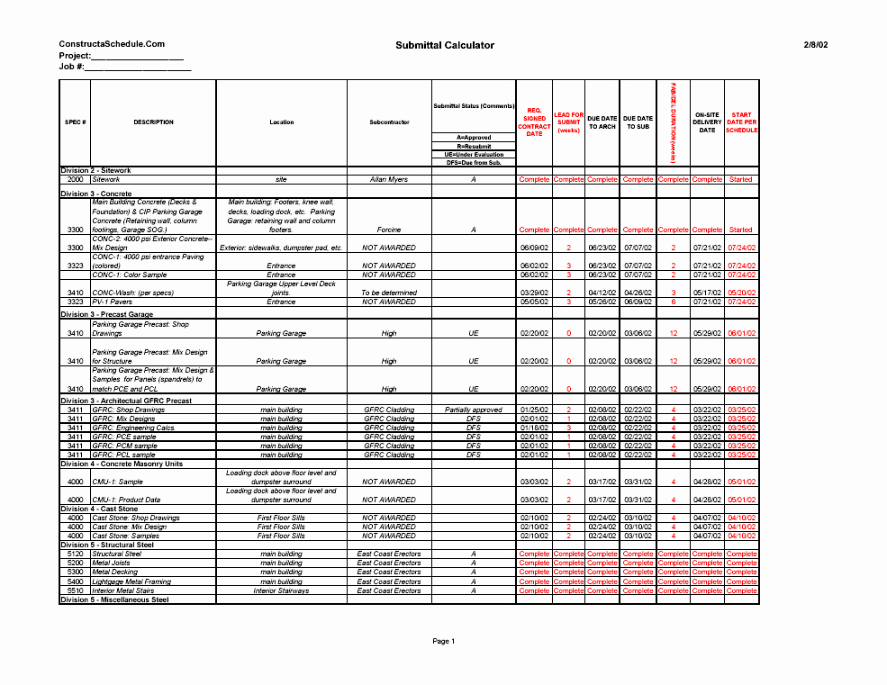 Submittal Schedule Template Excel Unique Constructaschedule Cpm Construction Scheduling Services