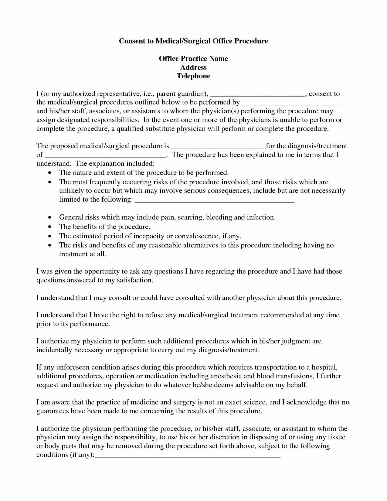 Surgical Consent form Template Fresh Medical Procedure Consent form Template