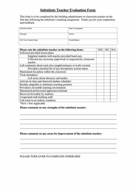 Teacher Evaluation form Template Awesome Substitute Teacher Evaluation form Printable Pdf