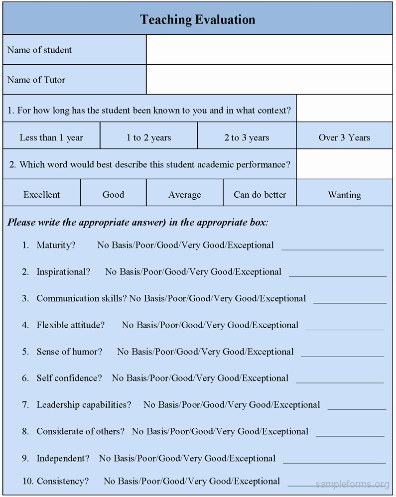 Teacher Evaluation form Template Beautiful Teaching Evaluation form Sample forms