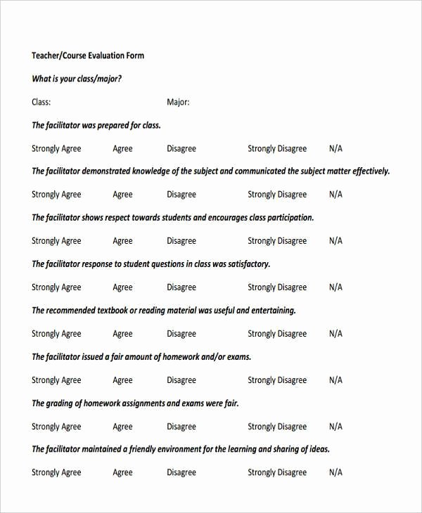 Teacher Evaluation form Template Inspirational Free 8 Course Evaluation form Samples In Sample Example