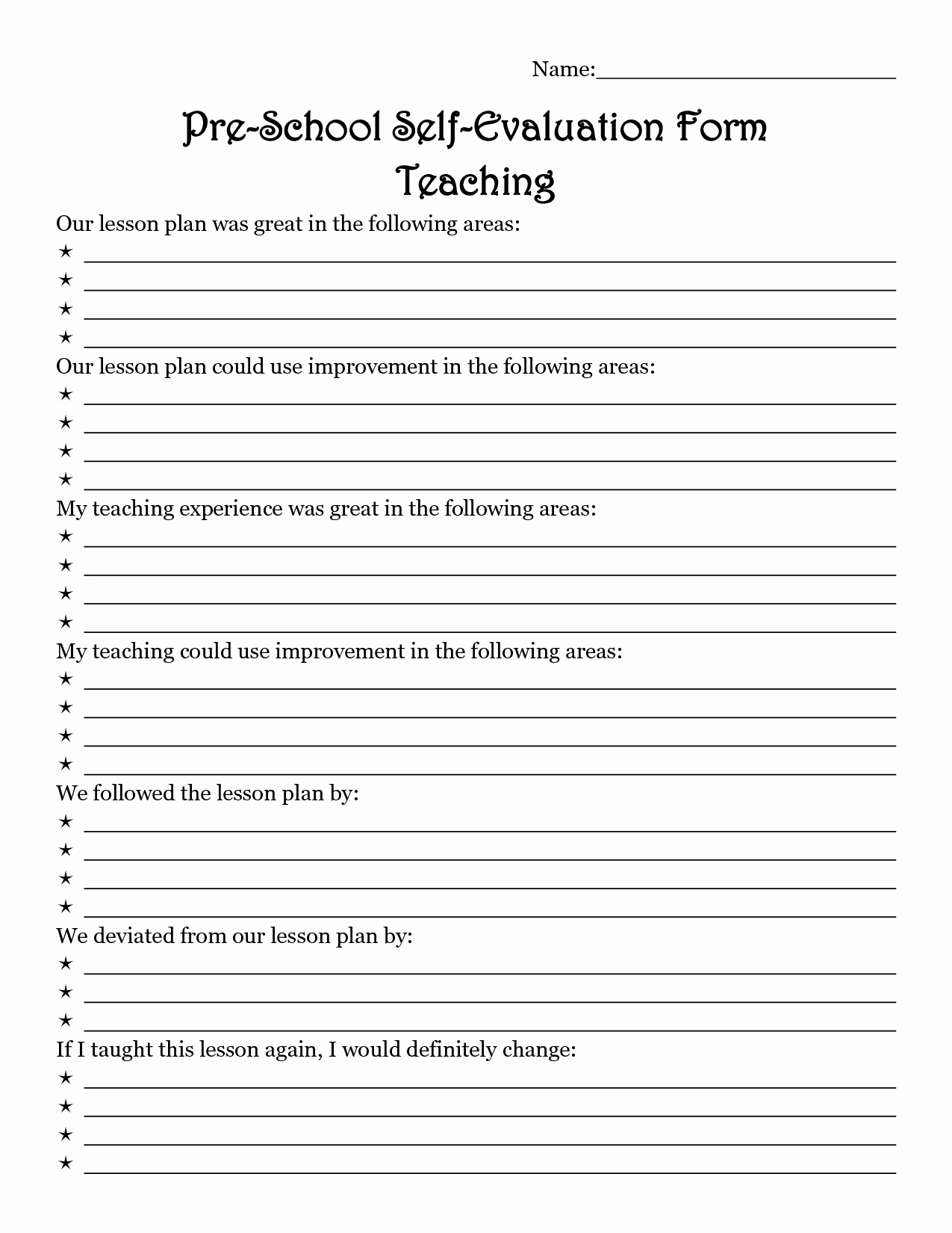 Teacher Evaluation form Template Inspirational Teacher Evaluation form Preschool Early Childhood