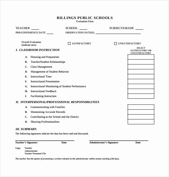 Teacher Evaluation form Template Lovely Free 5 Sample Teacher Evaluation forms In Pdf