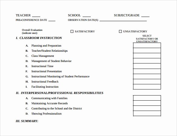 Teacher Evaluation form Template Luxury Free 6 Sample Teacher Evaluation forms In Example format