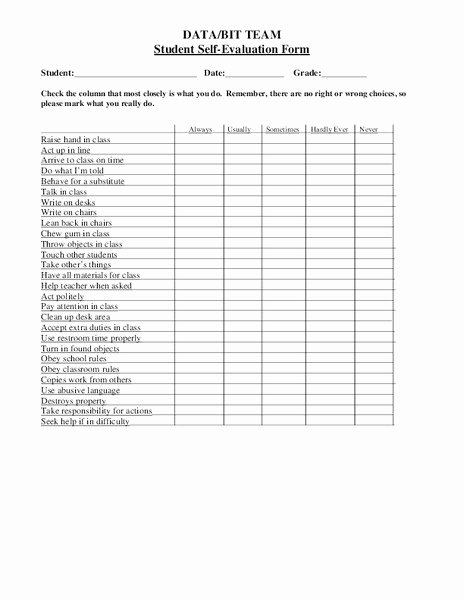 Teacher Evaluation form Template Luxury Student Self Evaluation form Printables &amp; Template for 3rd