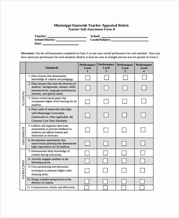 Teacher Evaluation form Template Unique Sample Self assessment form 8