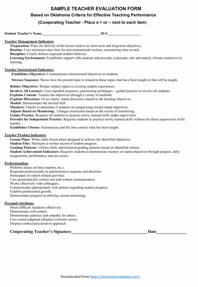 Teacher Evaluation form Template Unique Teacher Evaluation form Samples and Examples