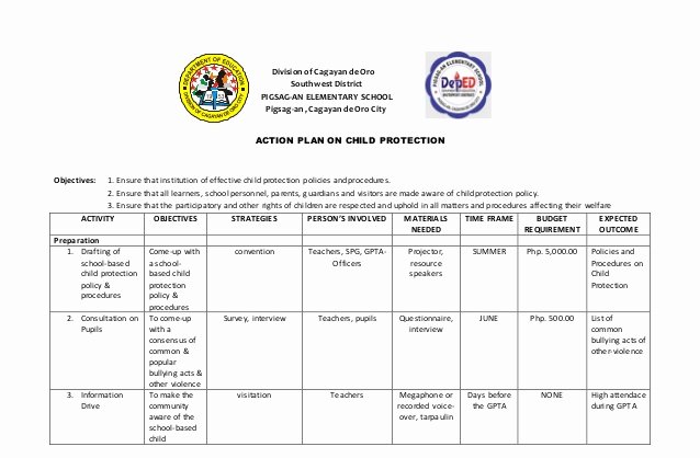Teaching Action Plan Template Elegant Action Plan On Child Protection