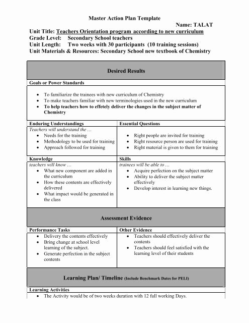 Teaching Action Plan Template New Master Action Plan Template Name Talat Unit Title