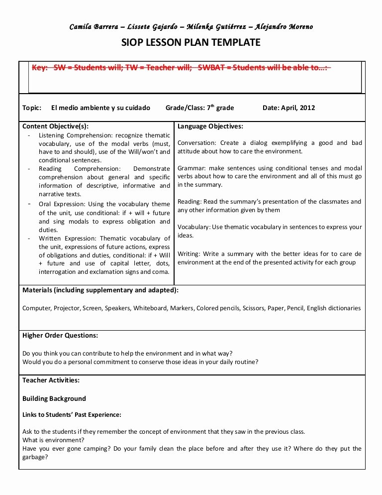 Teaching Strategies Lesson Plan Template Unique Siop Unit Lesson Plan Template Sei Model