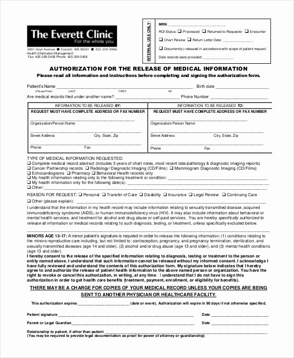 Template for Medical Release form Best Of 10 Medical Release forms Free Sample Example format