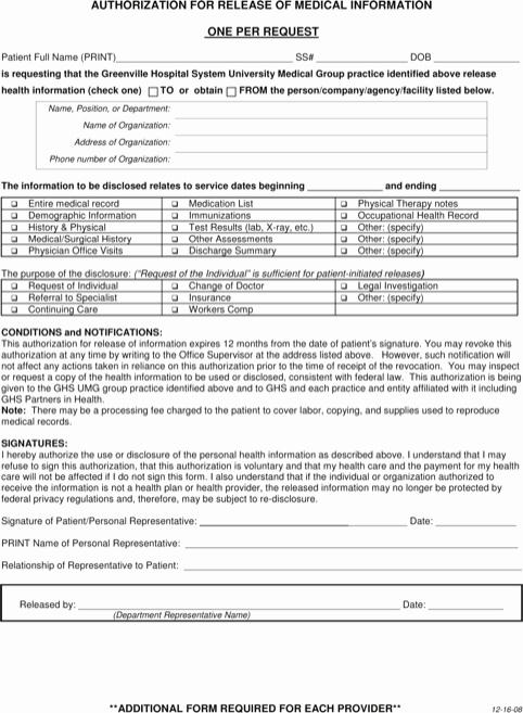 Template for Medical Release form Elegant Download Generic Authorization Medical Release form for