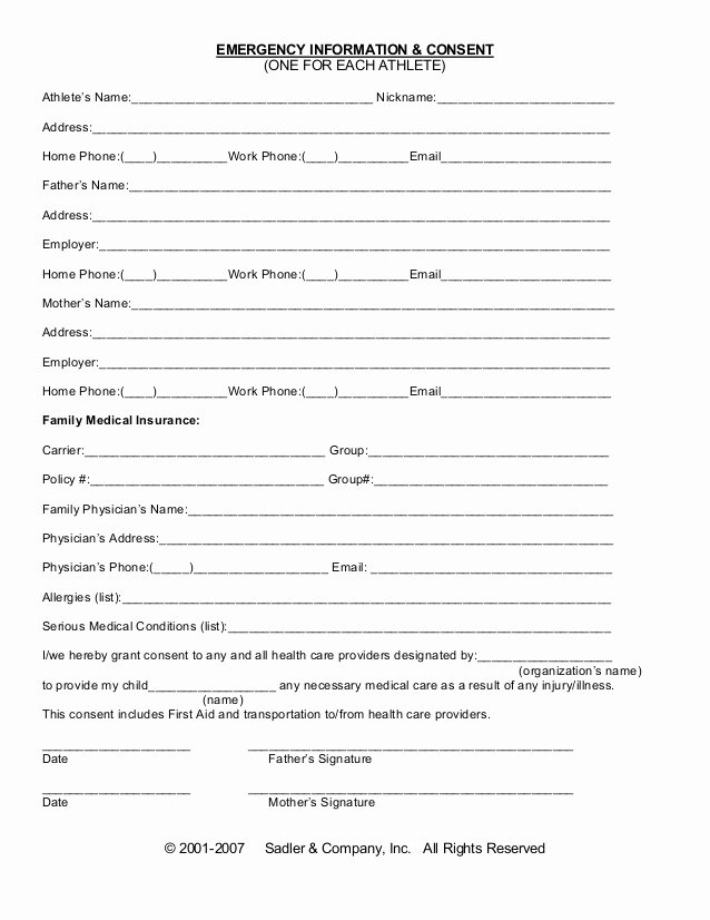 Template for Medical Release form Lovely Emergency Information Medical Consent form