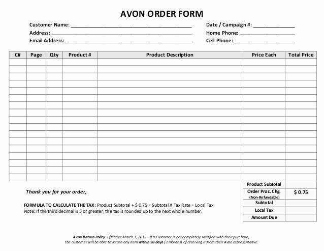 Template for order form Fresh Avon order form Blank Word Version