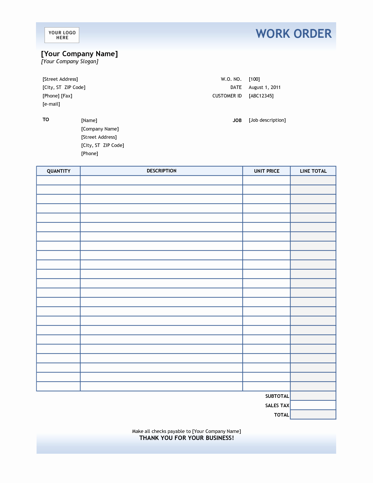 Template for order form Inspirational order form Template