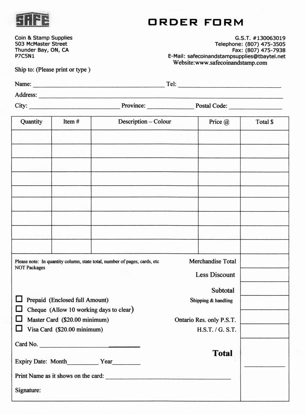 Template for order form New Safe Coin and Stamp order form