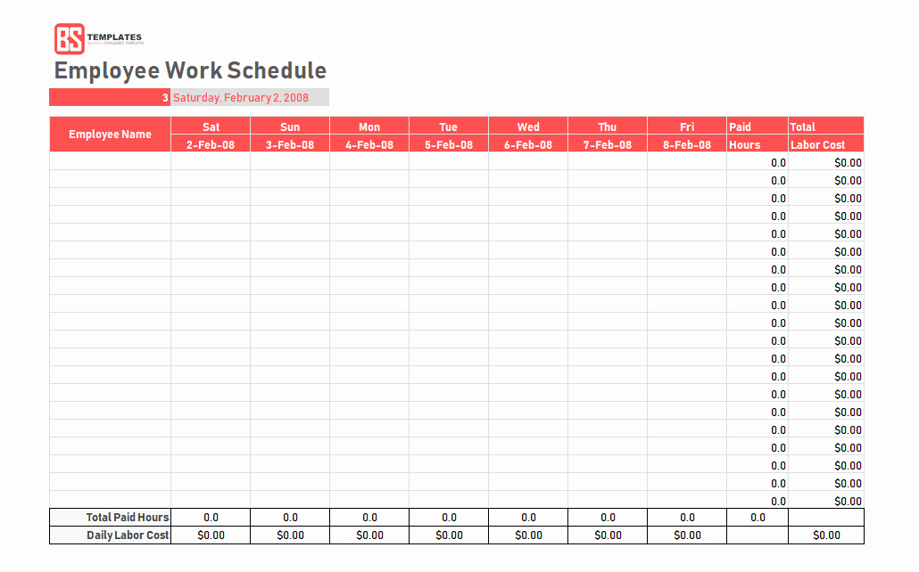 Template for Work Schedule Fresh Work Schedule Template Daily Weekly