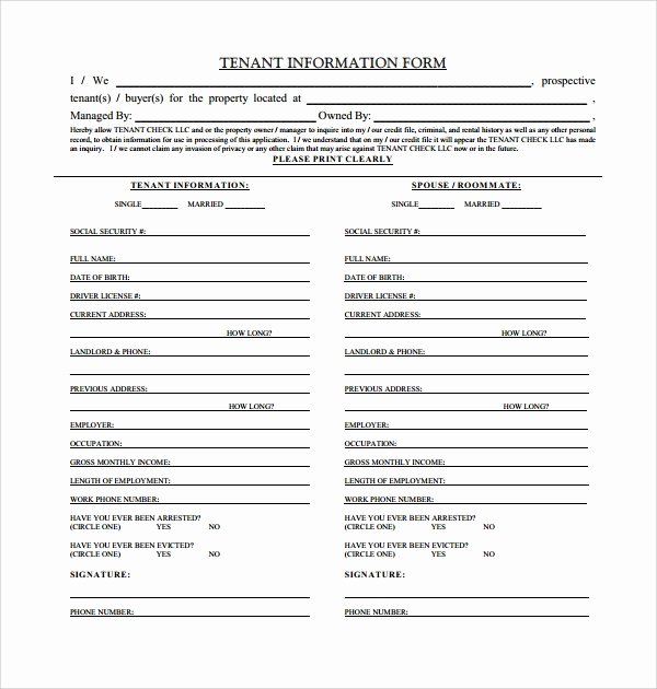 Tenant Information Sheet Template Awesome Sample Tenant Information form 14 Download Free