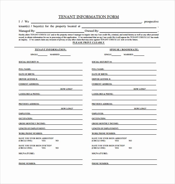Tenant Information Sheet Template Awesome Sample Tenant Information form 14 Download Free