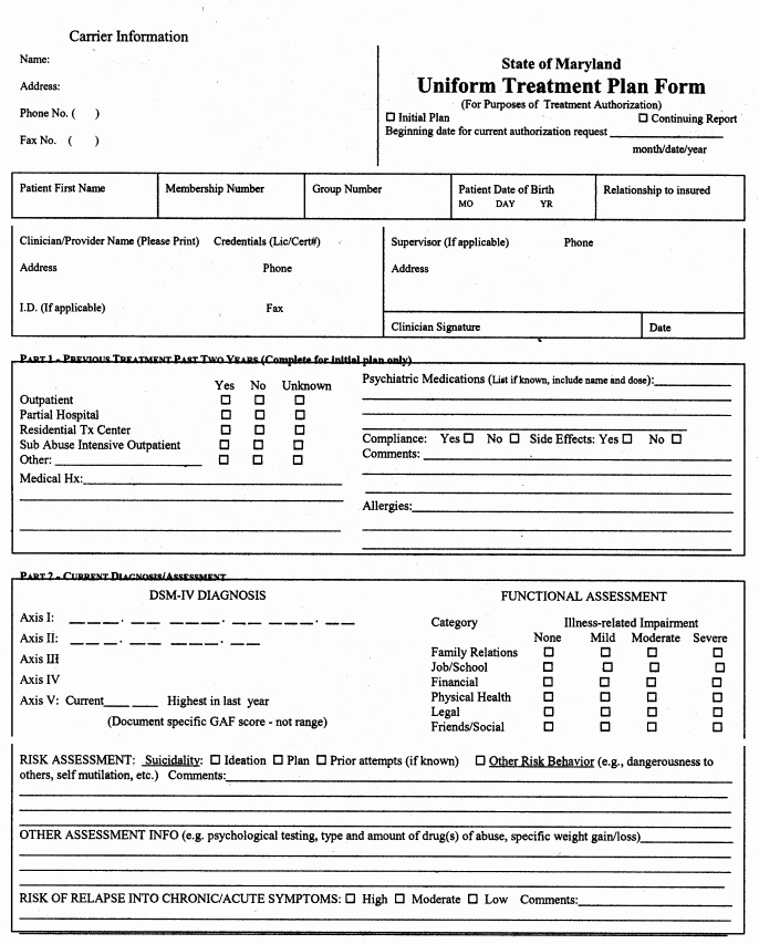 Therapist Treatment Plan Template Fresh Appendix B Maryland Uniform Treatment Plan form