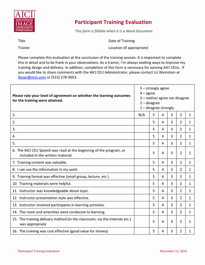Training Evaluation form Template Inspirational Participant Training Evaluation Template In Word and Pdf