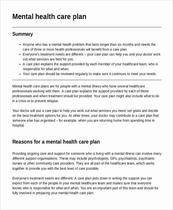 Treatment Plan Template Mental Health New Mental Health Care Plan Template 9 Free Sample Example