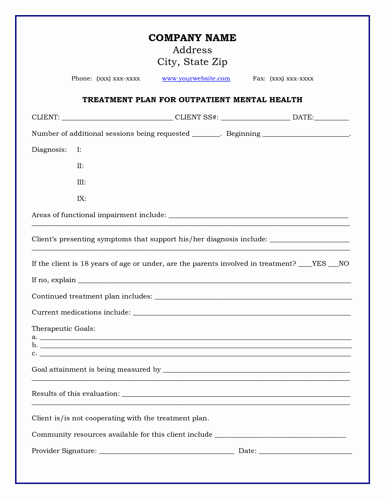 Treatment Plan Template Mental Health New Treatment Plan Template