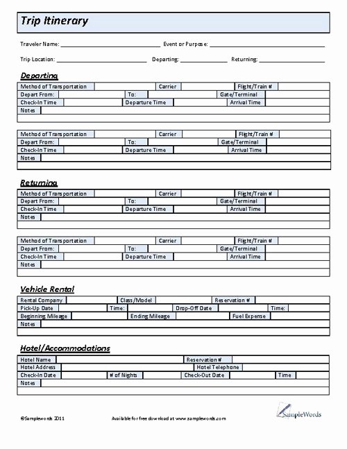 Trip Itinerary Planner Template Fresh Printable Trip Itinerary