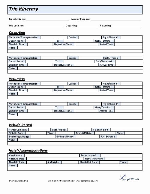 Trip Itinerary Planner Template Fresh Printable Trip Itinerary