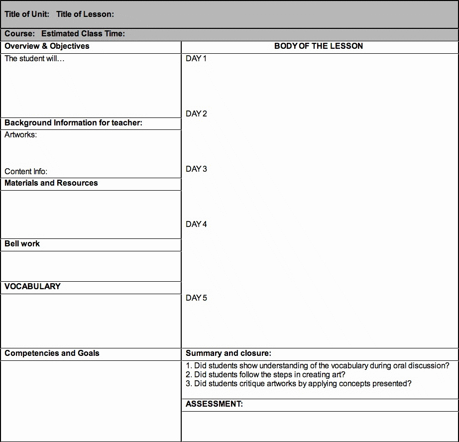 Unit Lesson Plans Template Unique Art Lesson Plan Templates