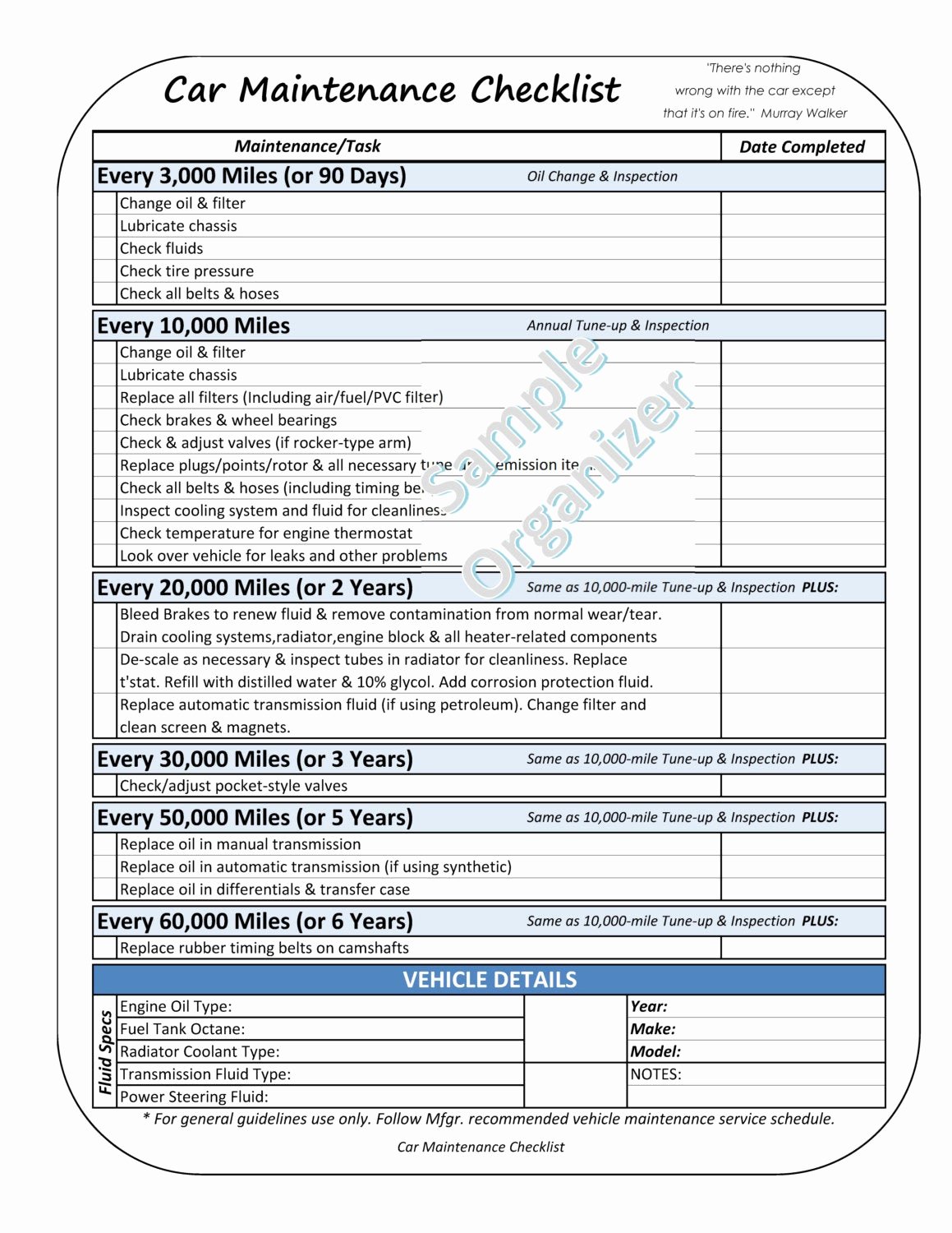 car maintenance checklist vehicle