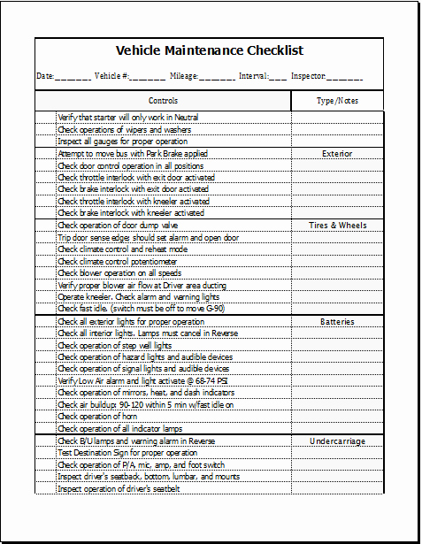 Vehicle Maintenance Schedule Template Excel Lovely Vehicle Maintenance Checklist Template