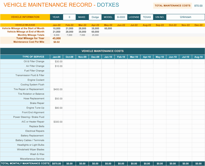 Vehicle Maintenance Schedule Template Excel Lovely Vehicle Maintenance Log Template for Excel Monthly Dotxes