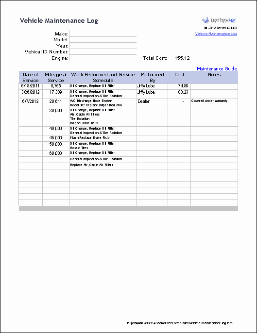 Vehicle Maintenance Schedule Template Excel Unique Free Vehicle Maintenance Log Template for Excel