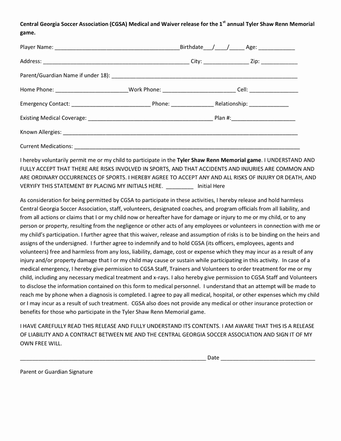 Waiver form Template for Sports Beautiful 28 Of softball Medical Release and Waiver form