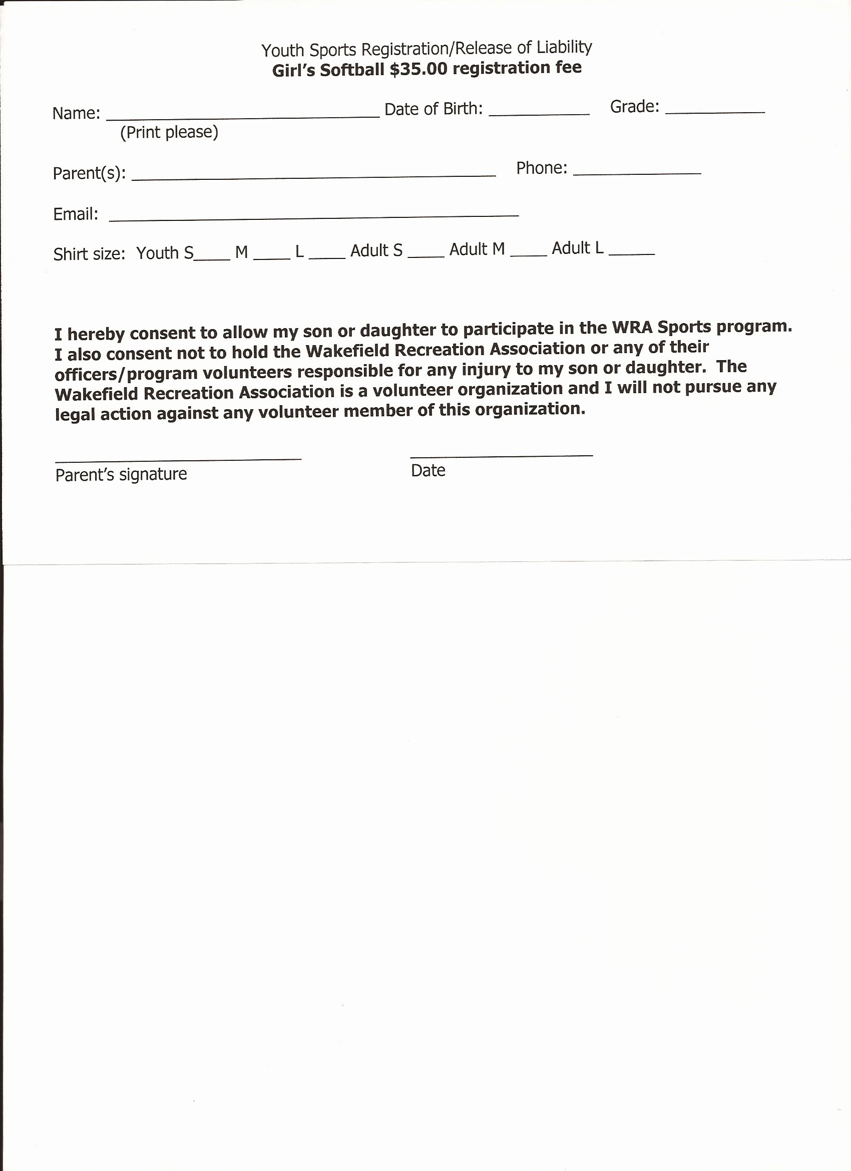 Waiver form Template for Sports Beautiful Youth Girl softball Registration &amp; Release Of Liability