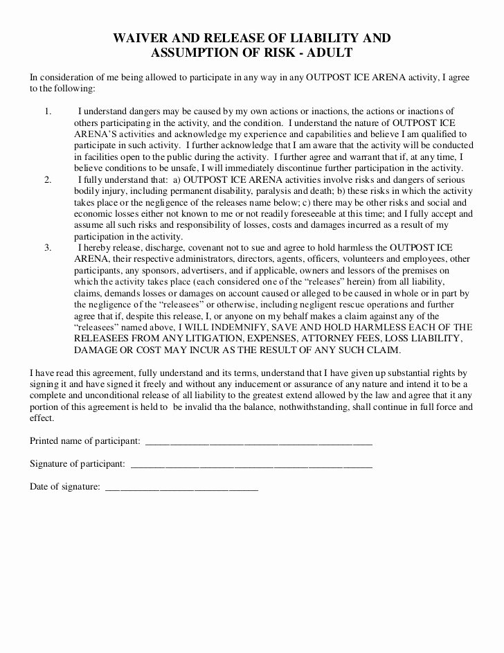 Waiver form Template for Sports Fresh Free Printable Liability Release Waiver form form Generic