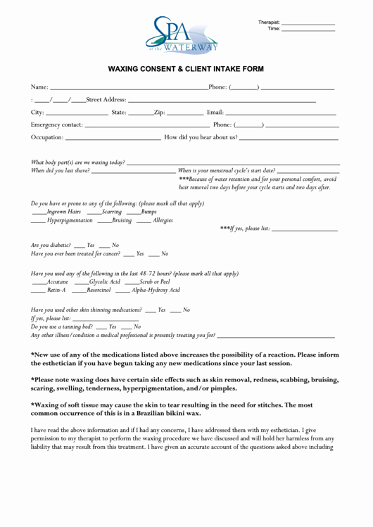 Waxing Consent form Template Elegant Waxing Consent Client Intake form Printable Pdf