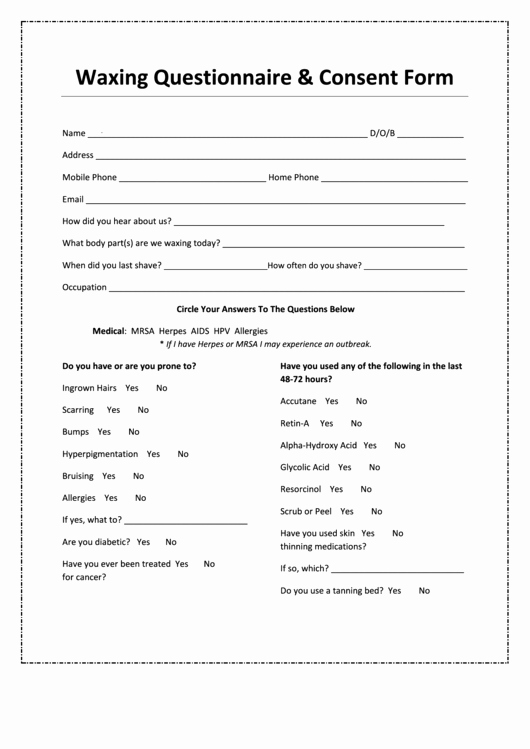 Waxing Consent form Template Fresh Waxing Questionnaire &amp; Consent form Printable Pdf