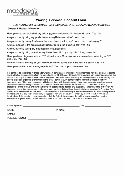 Waxing Consent form Template New Waxing Services Consent form Printable Pdf