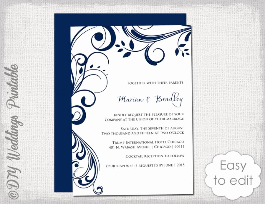 Wedding Invitations Word Template Beautiful Navy Wedding Invitation Template &quot;scroll&quot; Printable