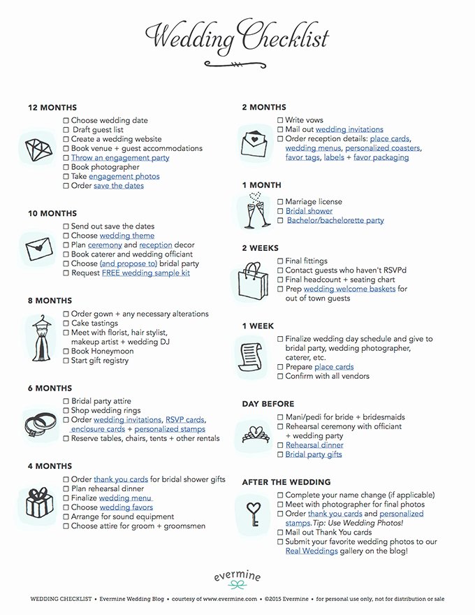 Wedding Plan Checklist Template Lovely Free Printable Wedding Checklist Evermine Weddings