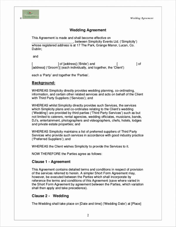 Wedding Planner Contract Template Free Elegant Free 5 Wedding Planner Contract Samples &amp; Templates In