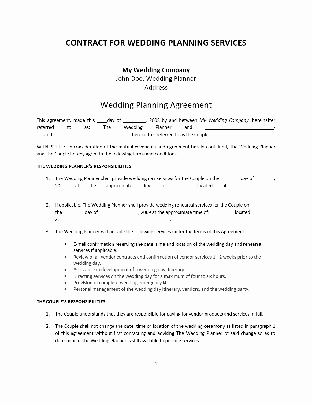 Wedding Planner Template Free New Wedding Planner Contract Template