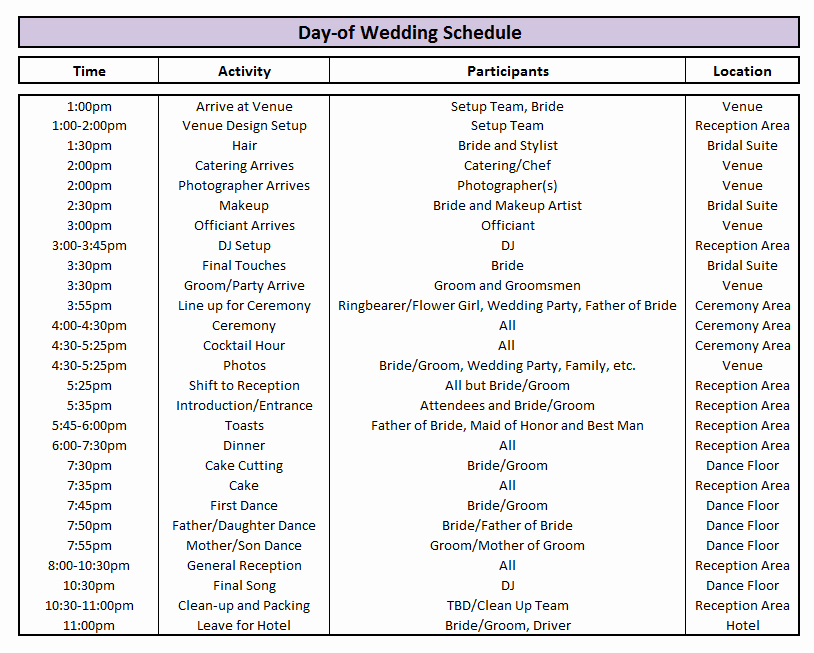 Wedding Planner Timeline Template Fresh Wedding Day Timeline Template