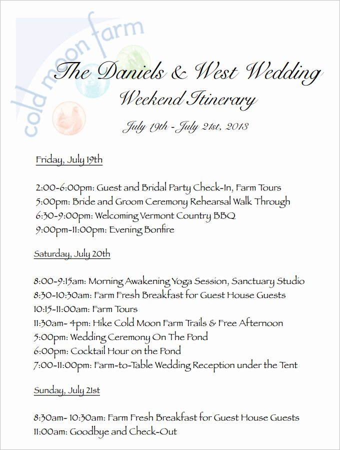Wedding Schedule Of events Template Awesome 4 Sample Wedding Weekend Itinerary Templates Doc Pdf