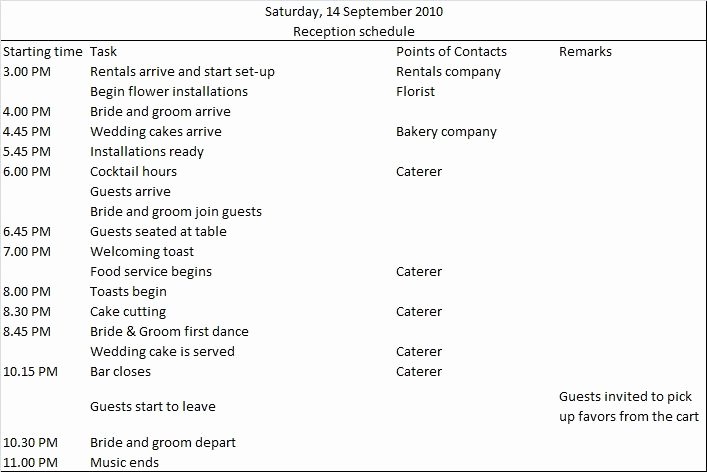 Wedding Schedule Of events Template Unique Sample Wedding Reception Timeline