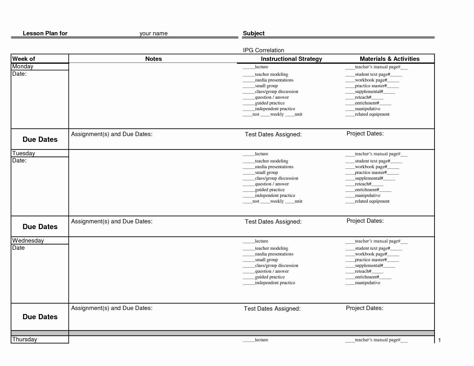 √ 30 Week Lesson Plan Template | Effect Template